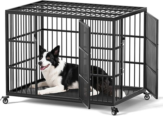 VERIFURTY 42 Inch Heavy Duty Dog Crate for Large and Medium Dogs with Self-Locking Latch, Escape-Proof Steel Kennel Indoor, XL Large Double Door Metal Pet Cage with Wheels