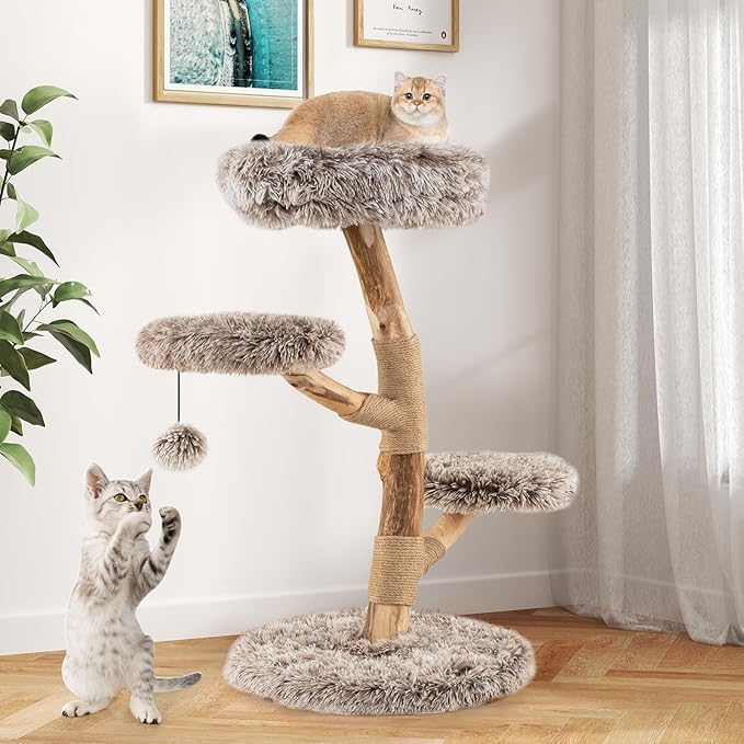 Tangkula Solid Wood Cat Tree, Multi-Level Modern Cat Tower with Scratching Posts, Cozy Top Perch, 2 Platforms, Dangling Ball, Soft Long Plush, Natural Branch Cute Cat Tree for Indoor Kittens
