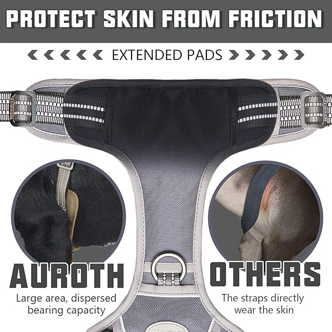 Auroth Tactical Dog Harness for Large Dogs No Pull Adjustable Pet Harness Reflective K9 Working Training Easy Control Pet Vest Military Service Dog Harnesses Grey XL