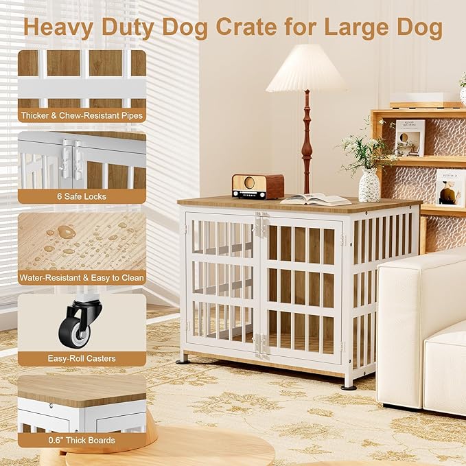 33" Dog Crate Furniture for Medium & Small Dogs with Wheels, Heavy Duty Dog Cage, Indoor Puppy Crate, Wooden Dog Kennel Table, 32.6"L x 22.8"W x 25.8"H, Decorate House as End Table — Natural and White