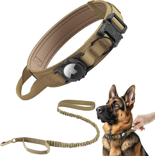 Tactical AirTag Dog Collar Leash Set - Heavy Duty, Adjustable GPS Collar Compatible with Apple AirTag, with Holder & Control Handle for Medium/Large Dogs [Brown, XL]