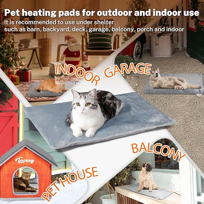 Toozey Outdoor Pet Heating Pad 28x16in, Extremely Waterproof Heated Bed for Dogs and Cats, Thermostatic Control, Chew-Resistant Cord, Soft Electric Blanket with Overheat Protection