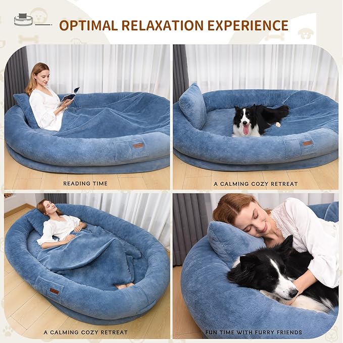 Human Dog Bed for Adult Kids, 70"x33"x12" Washable Faux Fur Human Size Dog Bed for People Doze Off, Grayish Blue