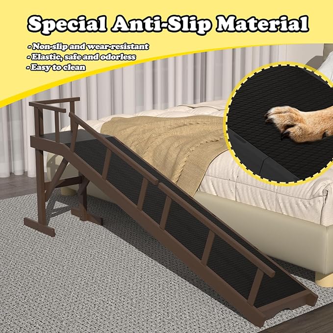 25" Height Dog Ramp for Bed, 73" Long Large Pet Ramp with Non-Slip Surface, Wooden Dog Ramp with Removable Rail & Rest Platform, Also as Dog Stairs for Small Senior Dogs with Glow Strips, Brown