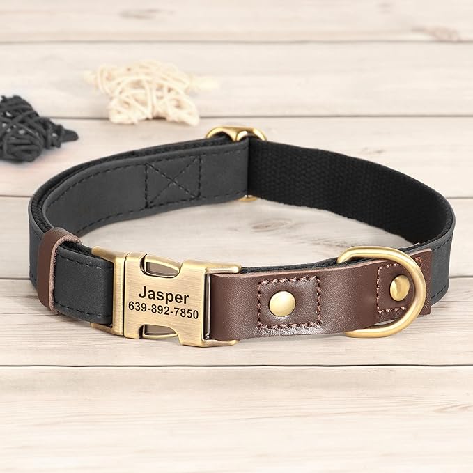 Personalized Dog Collars, Custom Soft PU Leather Dog Collar with Pet Name and Phone Number for Medium Dogs, Adjustable and Durable Pet Collars with Quick Release Metal Buckle,M(13-19")