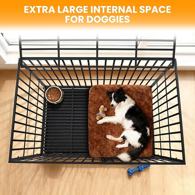 Garvee 42 Inch Heavy Duty Dog Crate, Metal Escape Proof Dog Kennel Indoor with 3 Doors, Removable Tray, Large Dog Cage with Wheels for Large and Medium Dogs, Black