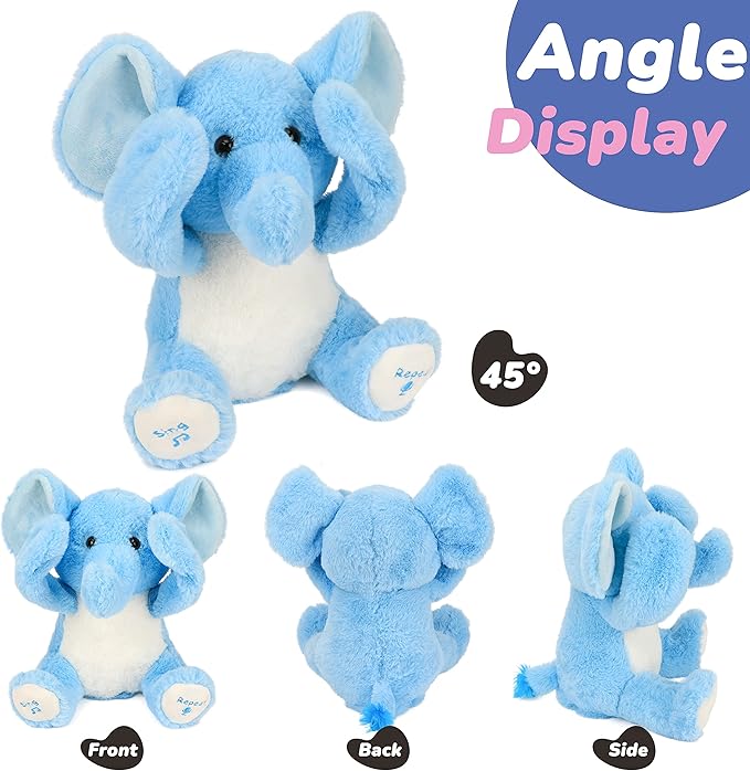 Hopearl Peek A Boo Elephant Interactive Repeats What You Say Plush Elephish Toy Musical Singing Talking Stuffed Animal Adorable Electric Animate Birthday Festival, Blue, 11.5''