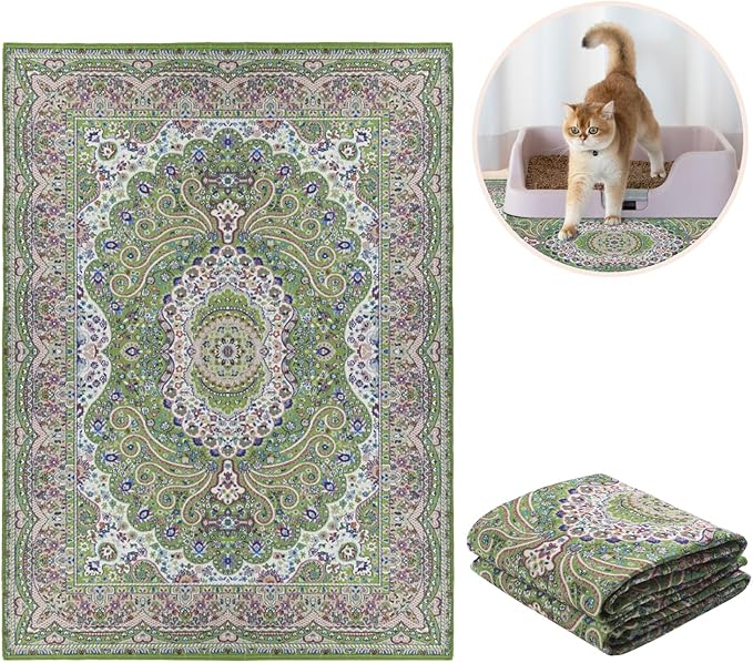 Lovewag Cat Litter Mat 2 Pack - Large 36x48 Machine Washable Easy Clean Non-Slip Waterproof Trapping Mats for Cats - Peacock Garden