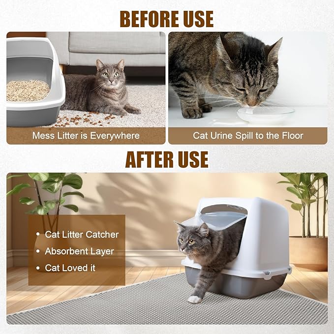 Cat Litter Mat,45"x32"Large Cat Litter Mat Litter Trapping Mat,Honeycomb Double Layer Kitty Litter mat,Soft EVA Material,Durable,Urine & Waterproof,Easy Clean,Washable(Light grey)