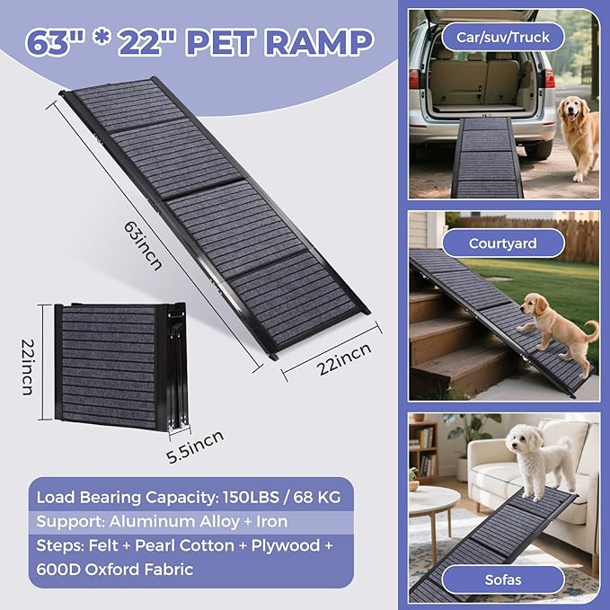 Dog Car Ramp for Large Dogs, Foldable Steps for Car Truck, SUV, Heavy Duty Pet Puppy Stair for High Bed & Sofa with Non-Slip Rug Surface, Steps for Dogs to Get in Car Vehicle