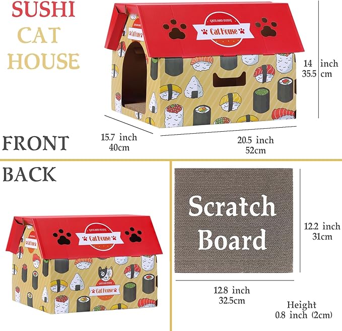 Cardboard Cat House with Scratcher – Red Sushi Design, 14''H x 18''L x 15.5''W, Sturdy Cat Playhouse for Indoor Cats up to 20 lbs, Fun Cat Hideout & Scratch Toy