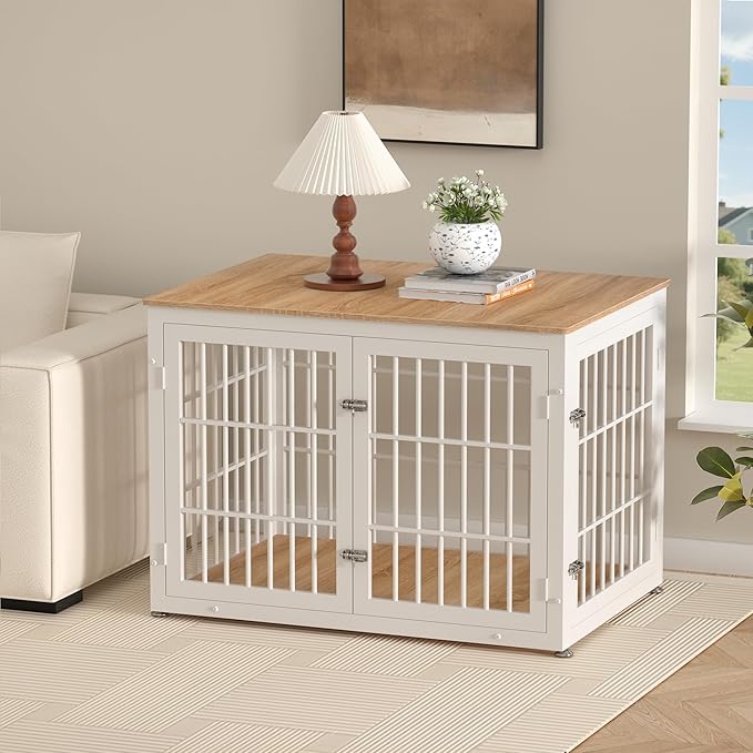 42 Inch Heavy Duty Dog Crate Furniture for Large and Medium Dogs, Decorative Pet House End Table, Wooden Cage Kennel Furniture Indoor, Natural and White