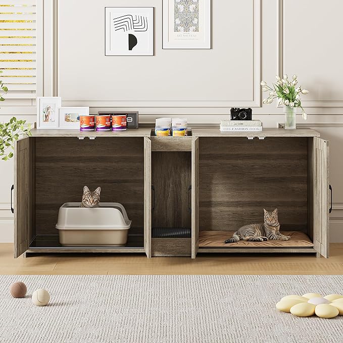 55" Cat Litter Box Enclosure, Double Litter Box Cabinet with Cat Bed, PVC Pad and Scratch Pad, Hidden Litter Box Furniture for 2 Cats with Storage and 2 Entrances, Grey