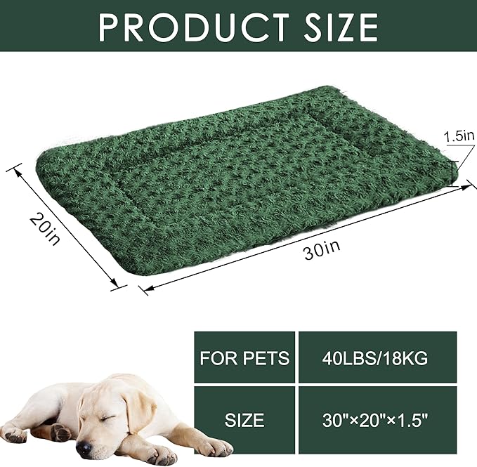 Washable Dog Bed Plush Orthopedic Outdoor Crate Mat with Non-Slip Bottom,Luxe Soft Kennel Pad for Pets,Cozy Cage Cushion & Pet Sleeping Mattress Large Sized,Medium,Small Dogs,30 x 20 inch,Green