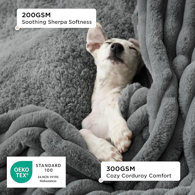 Bedsure Waterproof Dog Blankets for Large Dogs - Soft Pet Cat Blanket Corduroy Fleece for Couch Bed Protector Washable, Cozy Calming Reversible Furniture Protection for Puppy,50"x60", Warm Grey