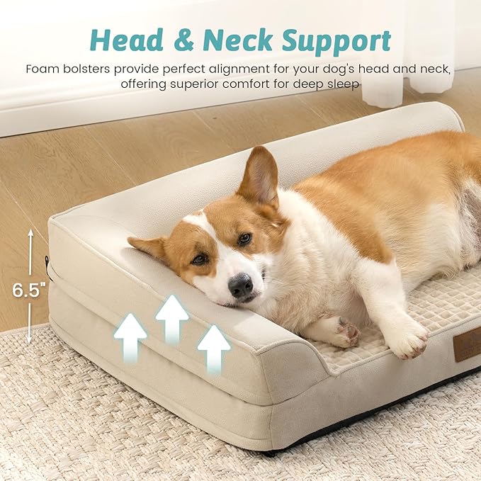 Orthopedic Dog Bed for Large Medium Size Dog, Dogs Crate Bed, L Shaped Foam Anti-Slip Bottom Pet Cat Sofa with Washable Removable Cover, Suitable for Pet Up to 75 lbs, 36x27x6.5 inch, Beige