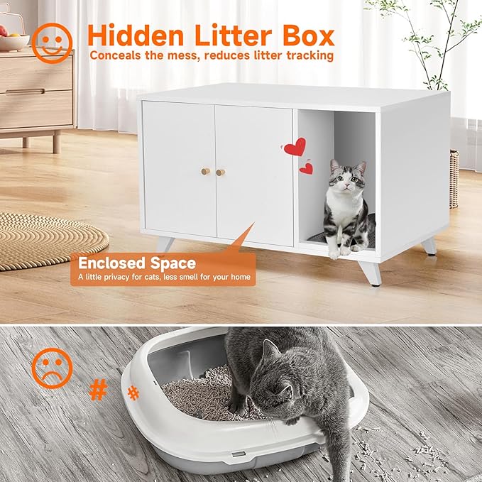 Cat Litter Box Enclosure, Hidden Litter Box Furniture Washroom Storage Cabinet, Modern Cat House with Scratche Pad (White)