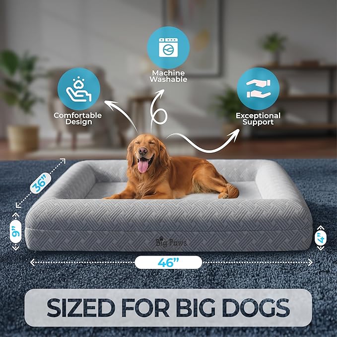 Big Paws Cooling Orthopedic Dog Bed for Large & Senior Dogs – High-Density Memory Foam, Waterproof Liners, Washable Cover, Non-Slip Base, Raised Bolsters – XL Mattress for Joint Relief