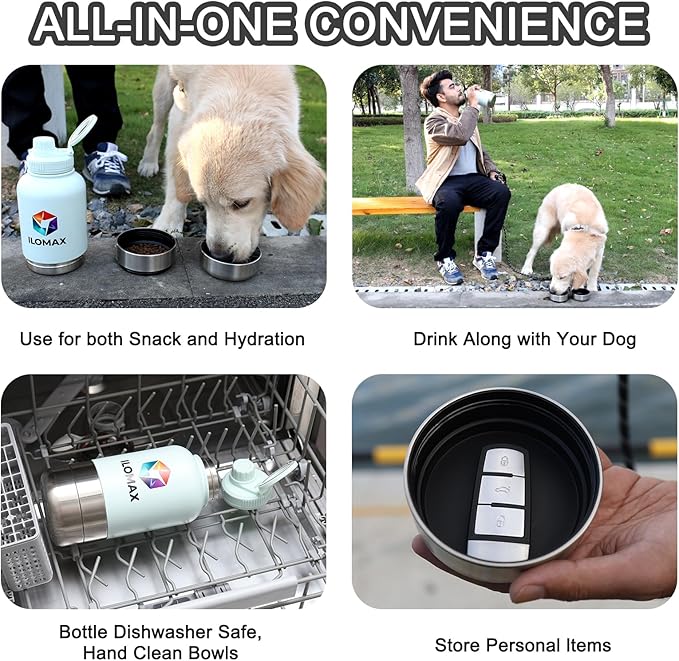 ILOMAX 3-in-1 Stainless Steel Dog Travel Water Bottle with Food & Water Bowls, Leak-Proof & Insulated, Extra Magnetic Lid, Keeps Drinks Cold 12H/Hot 6H, Portable Outdoor Hydration, 32oz (Bluish White)