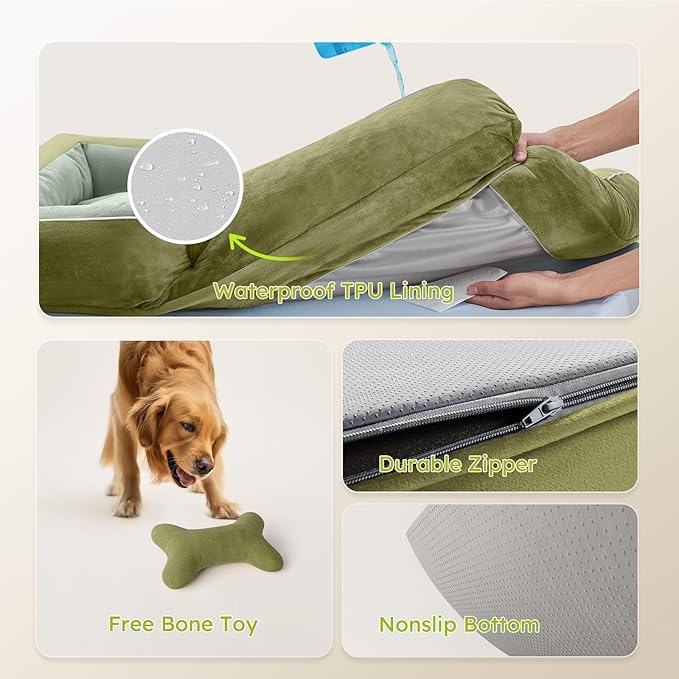 Dog Beds for Large Dogs, Orthopedic Dog Bed with Cooling Gel Memory Foam, Waterproof Large Pet Bed with Removable Washable Cover, 36" Pet Sofa Couch Dutch Velvet with Bone Toy, Dark Green