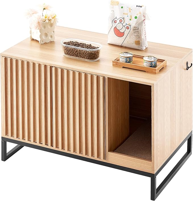 VEVOR Cat Litter Box Enclosure, Hidden Litter Box Furniture, Wooden Cat Washroom Indoor with 2 Doors & Sturdy Metal Legs, Cat House Cabinet Hidden Fit Most Litter Box, 31.5"L x 20"W x 22"H, Brown