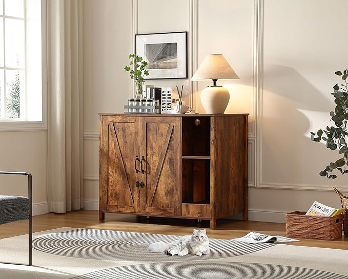 Large Cat Litter Box Enclosure with Litter Collector,Cat Litter Enclosure for Self-Cleaning Litter Boxes,Adjustable Shelf for Dog Proof,Power Outlet,Wooden Cat House,Brown Rustic