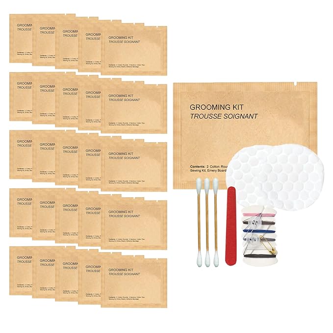 World Amenities Kraft Paper Grooming Kit - Travel Size Toiletries - Cotton Rounds, Bamboo Cotton Tips, Sewing Kit, Emery Board (25 Pack)
