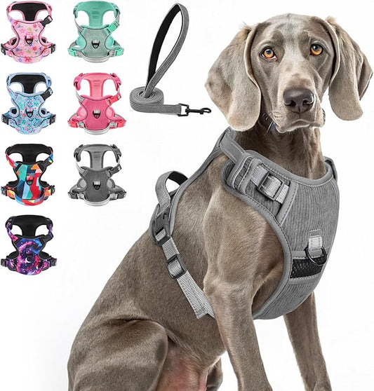 BEAUTYZOO No Pull Dog Harness Large, Adjustable Dog Harness and Leash Set -Easy Wearing with 3 Buckles/Control Handle,No Choke Soft Padded Reflective Pet Vest for Training Walking Hiking,Grey XL