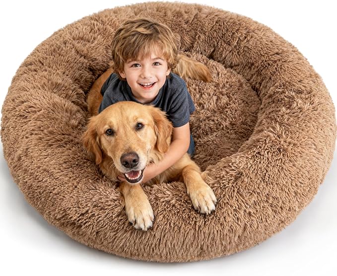 Extra Large Orthopedic Dog Bed Waterproof Removable Cover for Calming Donut Dog Bed Washable,Cooling Gel Foam Round Anxiety Plush Sherpa Covers Comfort for Old Fluffy Friends 48 Inch,Camel