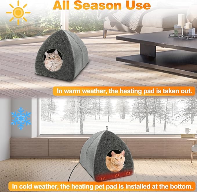 BWOGUE Indoor Heated Cat Bed, 2 in 1 Heated Cat Cave Bed with Temp Adjustable and Timer, Warming Cat Bed Thermo-Pet Nest for Indoor Cats Old Cats 16.9"×16.9"×16.1"(Light Grey Heating Mat)
