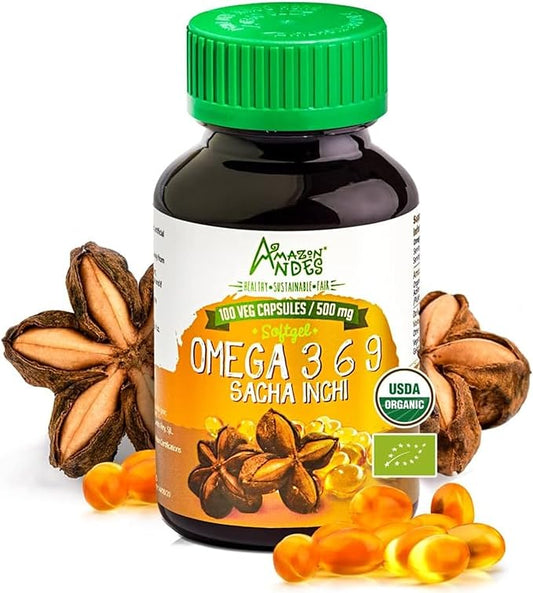 Amazon Andes Sacha Inchi Oil Capsules - Source of omegas 3, 6 and 9 - Healthier Source of Essential Fatty Acids - Vegan, Non-GMO, Allergen-free & Gluten Free - 100 Softgel Pills (500mg) - Made in Peru