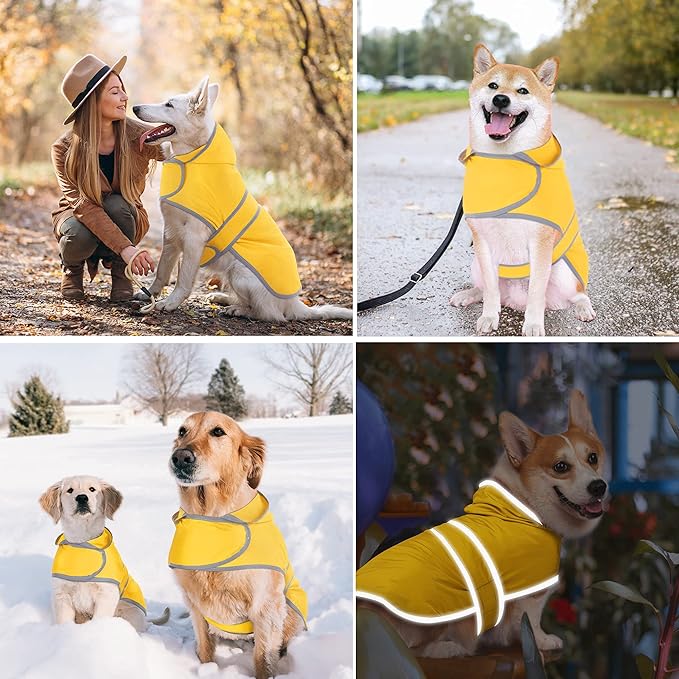 Dog Raincoats for Medium Dogs Waterproof Hooded Rain Jacket with Reflective Strips Leash Hole & Poncho Adjustable Fit (Yellow,M)