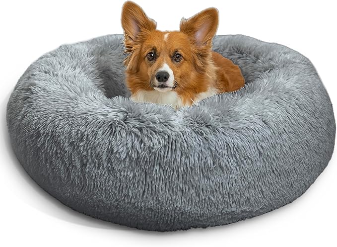 Best Friends by Sheri The Original Calming Donut Dog Bed – Washable Plush Pet Bed for Medium Breeds up to 45 lbs, Shag Faux Fur, Gray, Medium (30" x 30")