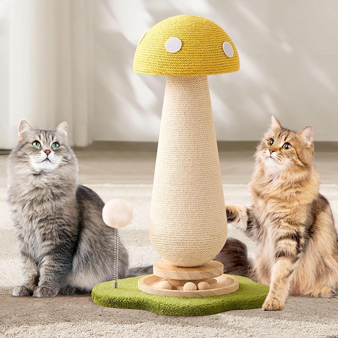Mushroom Cat Scratching Post Cat Tree, 21.5‘’ H Cute Cat Scratcher Tower with Durable Solid Wood Turntable Toy, Lemon Yellow Mushroom Scratch Post Cat Sisal Scratcher with Catnip for Indoor Cats