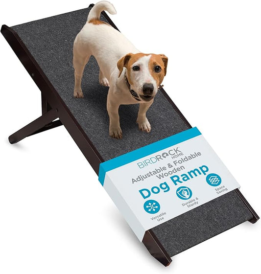 BIRDROCK HOME Adjustable Pet Ramp for Small Dogs, Cats, Puppies - Foldable Wooden Dog Ramp for Couch, Bed, Car - Indoor or Outdoor- Safe, Portable, Non-Slip Carpet - 16", Espresso