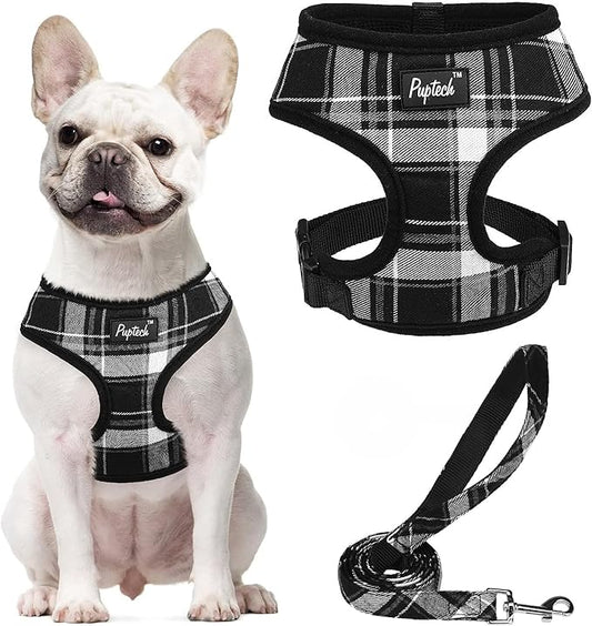 PUPTECK Soft Mesh Dog Harness and Leash Set Pet Puppy Cat Comfort Padded Vest No Pull Harnesses, Black, L