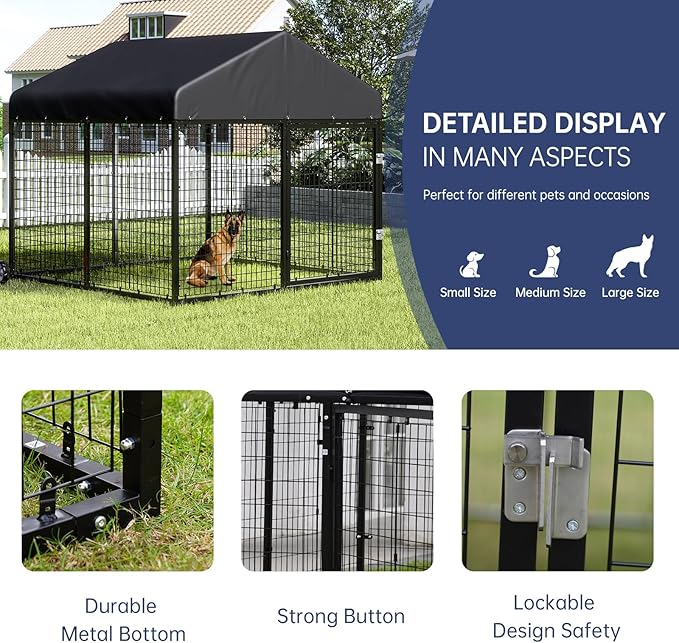 Large Outdoor Dog Enclosure,Heavy Duty Dog Cage with Roof,Galvanized Steel Dog Kennel Fence with Double Safety Locks(79”W x 79”D)