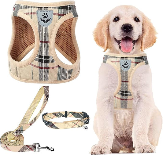 PUPTECK Adjustable Dog Harness Collar and Leash Set Step in No Pull Pet Harness for Small Medium Dogs Puppy and Cats Outdoor Walking Running, Soft Mesh Padded Reflective Vest Harnesses, Beige XS