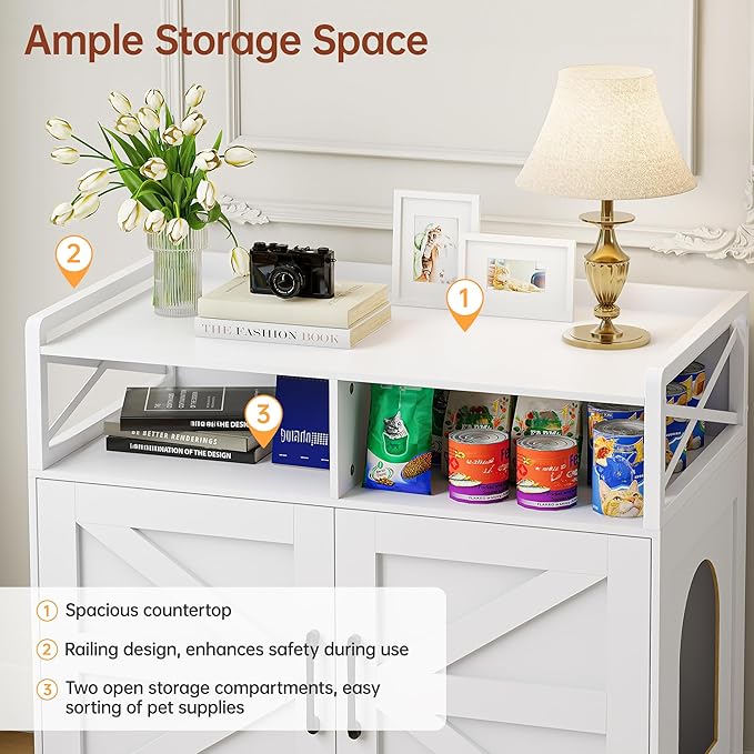 35" Ultra-Large Cat Litter Box Enclosure, Hidden Litter Box Cabinet with Anti-Tipping Fence and 2 Open Drawers, Enclosed Litter Box Furniture End Table, White