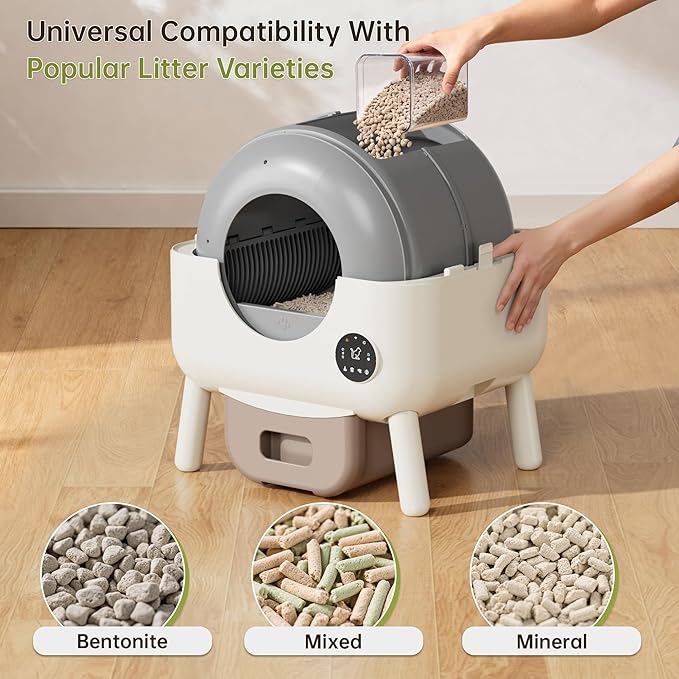 Greesum 76L Large Capacity Fully Enclosed Automatic Litter Box, Cat Ear Design with Garbage Bags Aroma Box and Brush for Multi - Cat Families (Brown)