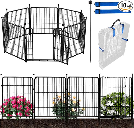 ADAVIN 48 in(H) Garden Fencing with Low Threshold Gate,10 Panels Total 22.1 Ft(L) Tall Animal Barrier Fence Borders, Outdoor Pet Barrier, Black Iron Metal Heavy Duty Dog Fencing for Yard or Camping