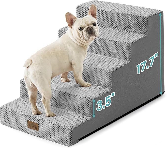 Dog Stairs for Small Dogs 17.7" H, 5-Step Gentle Incline Pet Step for Couch and Beds, Non-Slip Right-Angle Dog Ramp for Puppy Doggie Senior Cats, 17.7x29.5x17.7 Inch, Grey