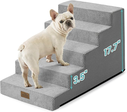 Dog Stairs for Small Dogs 17.7" H, 5-Step Gentle Incline Pet Step for Couch and Beds, Non-Slip Right-Angle Dog Ramp for Puppy Doggie Senior Cats, 17.7x29.5x17.7 Inch, Grey