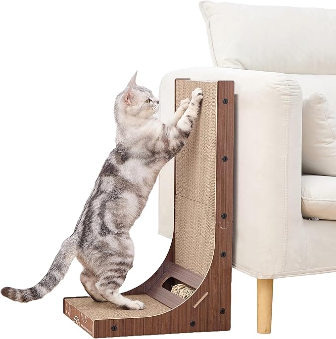 Petpals 24" Double Sides L Shaped Cat Scratch Pad, Corrugated Cardboard Scratching Pad, Replaceable Long Lasting Scratcher,Cat Scratcher with RattanBall Toys.