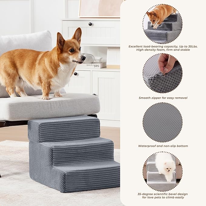 HYLEORY Dog Stairs for Bed 13.5''H, 3-Step Pet Stairs for Small Dogs & Cats, Sturdy Pet Steps with Non-Slip Bottom, Functional Portable Dog Ramp for Couch/Chair/Sofa/Car, with Storage Pocket, Grey