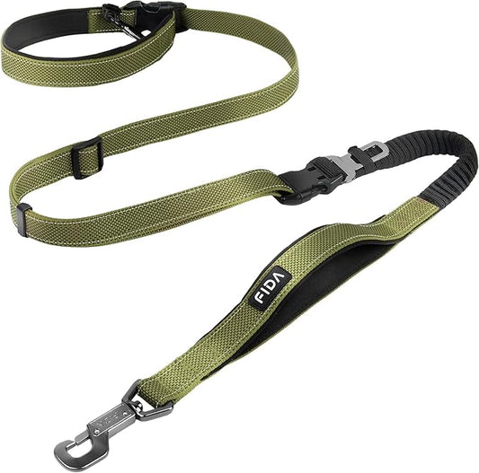 Fida 6-in-1 Hands Free Dog Leash Heavy Duty, Reflective Wasit Corssbody Dog Leash with Car Seat Clip | Adjustable for Running Hiking | Shock Absorbing Bungee, Dual Padded Detachable Handles (Green)