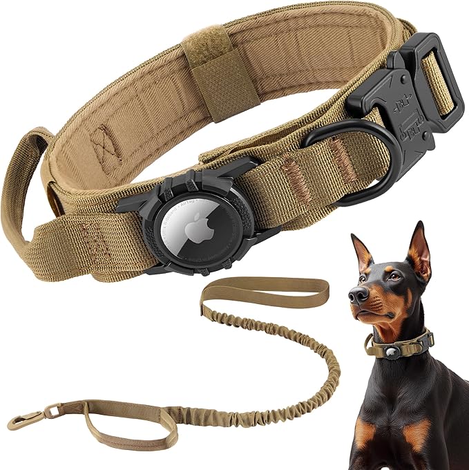Tactical AirTag Dog Collar Leash Set - Heavy Duty, Adjustable GPS Collar Compatible with Apple AirTag, with Holder & Control Handle for Medium/Large Dogs [Brown, XL]