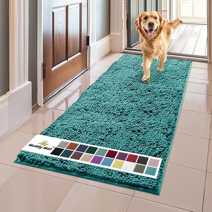 Muddy Mat® Original Dog Door Mat for Muddy Paws, Super Absorbent Microfiber, Non-Slip Washable Pet Rug, Quick Dry Chenille Entryway Carpet, Machine Washable Indoor Outdoor mat, Teal 24"x60"