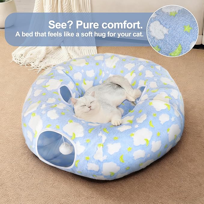 Cat Tunnel Bed, Foldable Cat Donut Tunnel with Removable Cushion, Toy Ball & Social Windows, Stress Relief Fun, Round Pet Play Tunnel for Indoor Cats, Kittens and Small Pets (3D Cloud Pattern)