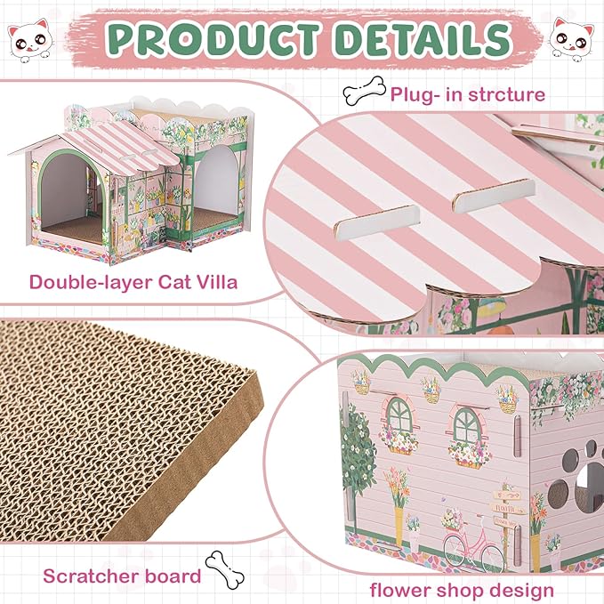 2 Story Cardboard Cat House with Scratcher Pad for Small Kitten,17x12x10 Multi Level Durable Cat Condo & Villa for Bunny Rabbit Small Animals Christmas Birthday Gift(Florist)